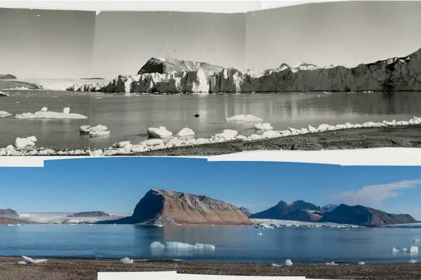 Les deux glaciers pris en photo en 1967 (noir et blanc), puis en 2024. © Åslund, Norwegian Polar Institute, Greenpeace, <em>New Scientist</em>