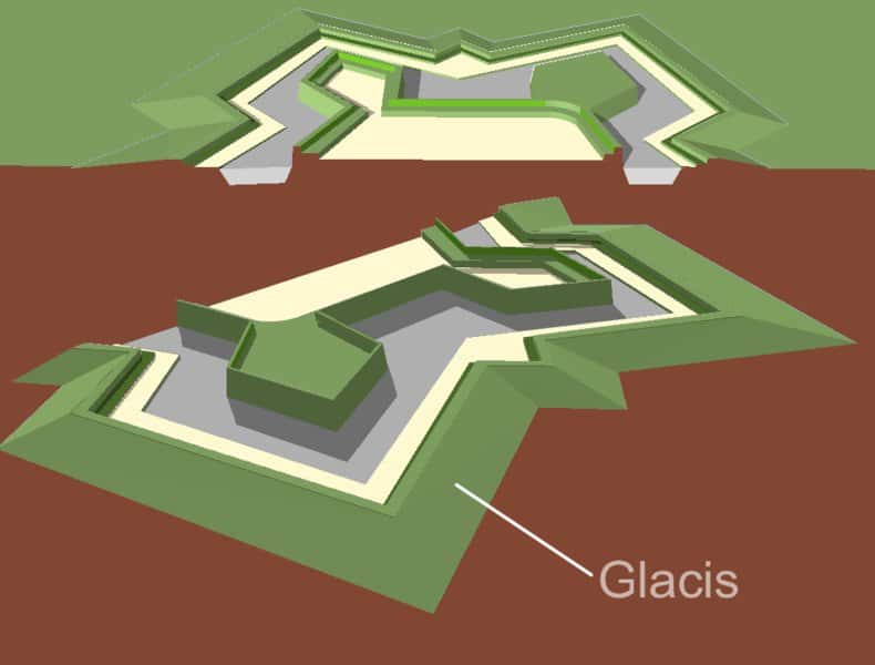 Le glacis est une bande de terre découverte et pentue située à l'extérieur d'une fortification. © Arch, Domaine Public, Wikimedia Commons