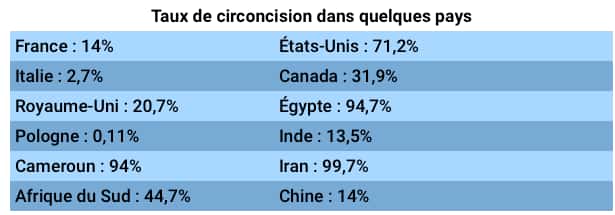 La circoncision est plus répandue dans les pays musulmans et les pays anglosaxons. <i>Source : Morris, Brian J et al. « Estimation of country-specific and global prevalence of male circumcision » Population health metrics, 2016 </i>
