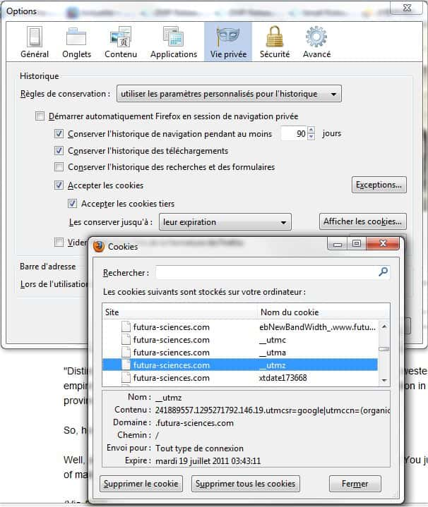 Repéré par Firefox, un cookie déposé à la demande du site Futura-Sciences. Celui-ci expirera quand l'internaute quittera le site (il expire en fin de session). © Futura-Sciences