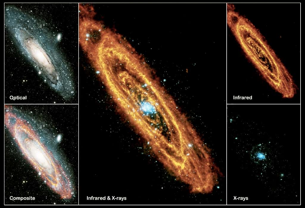 La galaxie d'Andromède possède différents visages, selon qu'on l'observe dans l'infrarouge (<em>infrared</em>), dans le visible (<em>optical</em>) ou en rayons X (<em>X-rays</em>). © Esa