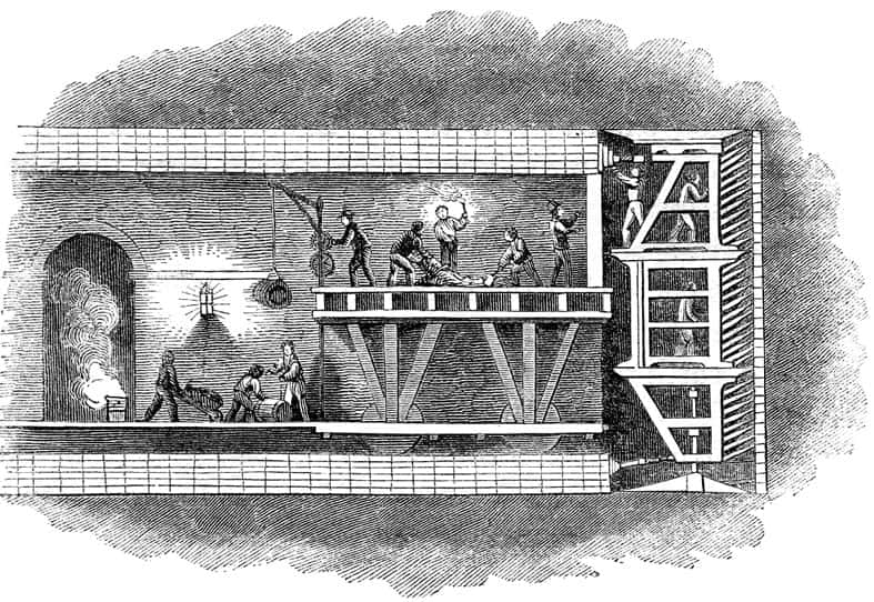 Le tunnelier a été notamment utilisé pour le creusement du métro de Londres. À l'image : le tunnelier breveté et dessiné par Marc Isambart Brunel. © Nichtbesserwisser, Domaine public, Wikimedia Commons