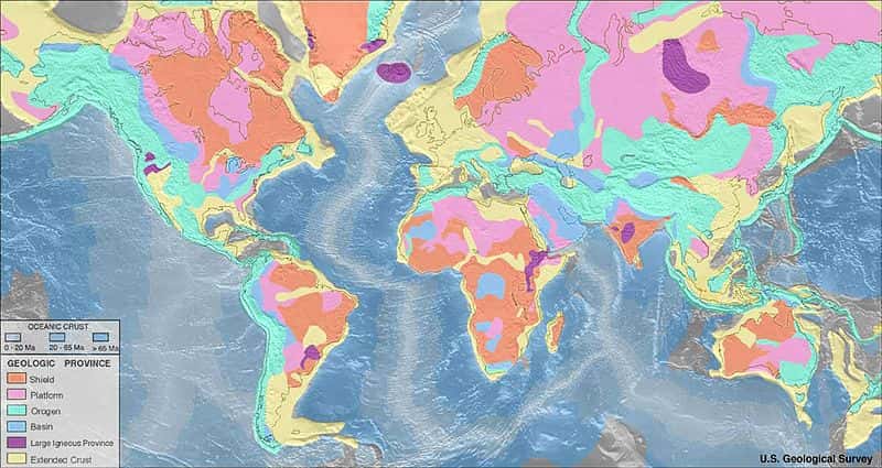 Les cratons (en orange sur cette carte), forment la « base » stable des continents. © USGS