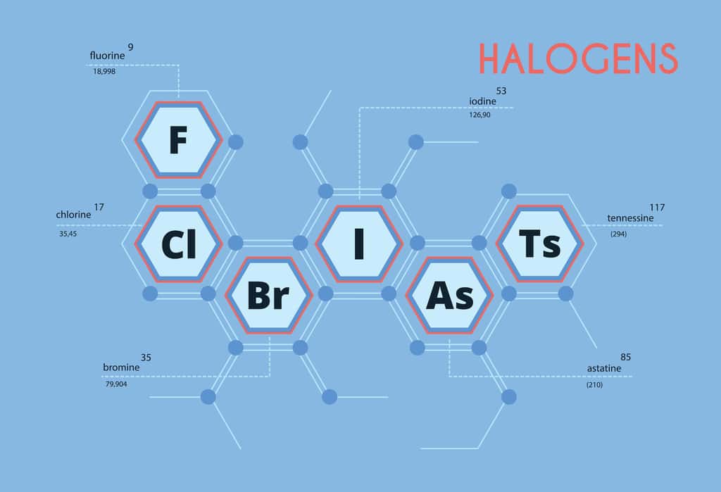 Le groupe 17 du tableau période des éléments, celui des halogènes. © YEVHENIIA, Adobe Stock