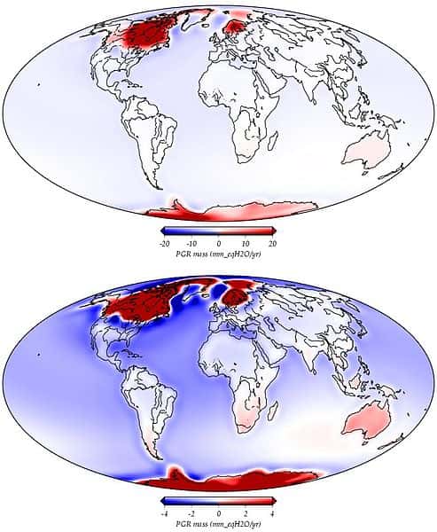 L'ajustement postglacial du Quaternaire : conséquences de la fonte des glaces. Les zones en rouge se soulèvent en raison de la fonte des calottes glaciaires. Les zones bleues s'affaissent en raison d'un remplissage des bassins océaniques consécutif à cette fonte. Le mouvement de la masse est exprimé en mm équivalent d'eau par an (1.000 kg/m3). © Paulson A, Wikipédia, Nasa