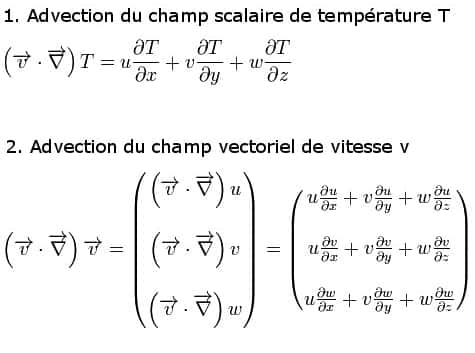 Quelques exemples d'expressions mathématiques de l'advection, impliquant la température ou la vitesse. © DR
