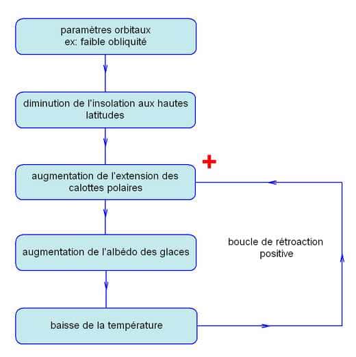 Ce schéma montre la boucle de rétroaction positive constituée par l’extension des calottes polaires, l’albédo des glaces et les températures. © Météo-France
