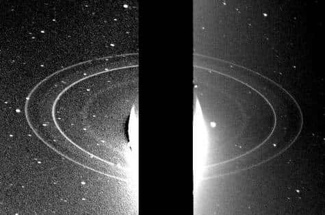 Les anneaux de Neptune. La planète est ici occultée afin d'éviter le halo lumineux.