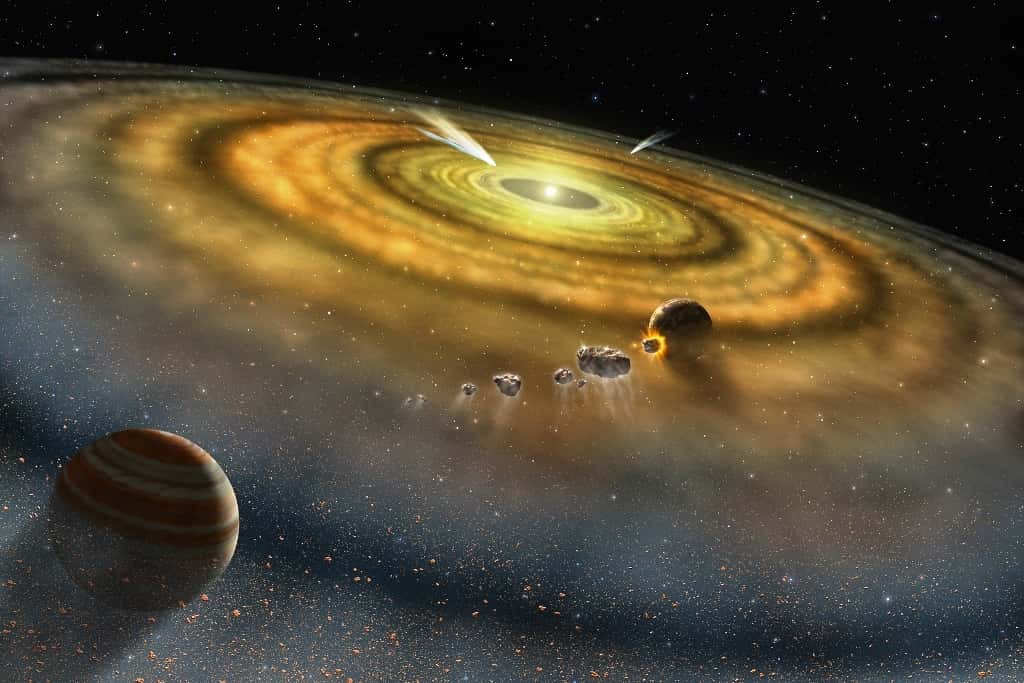 Une vue d'artiste d'un disque protoplanétaire autour d'une jeune étoile. Une géante gazeuse est déjà bien formée, en bas à gauche. © Nasa