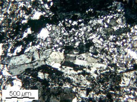 Microdiorite quartzifère (Porphyre de Quenast), massif du Brabant. On remarque des phénocristaux de feldspath, partiellement remplacés par de la chlorite dans une pâte microcristalline recristallisée (lame mince, nicols croisés). © DR