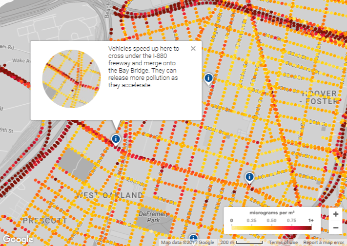 Sur cette capture d’écran extraite de la carte interactive Google Maps sur la pollution atmosphérique dans la ville d’Oakland (Californie), on peut voir, matérialisés par des points de couleurs, les niveaux en microgrammes par mètre cube d’oxyde nitrique (NO), de dioxyde d’azote (NO<sub>2</sub>) et de noir de carbone. © Google