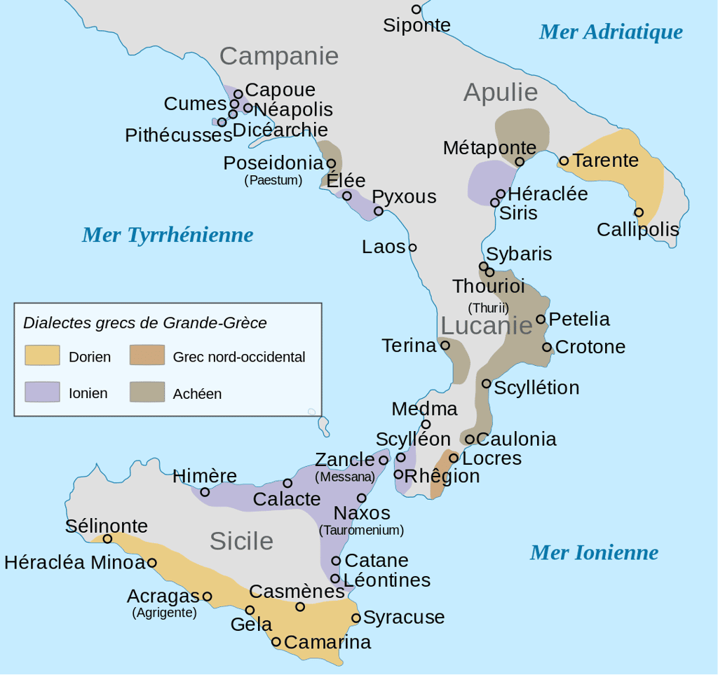Carte des cités et dialectes en Grande Grèce d'après Woodward 2008. © Wikimedia Commons, domaine public