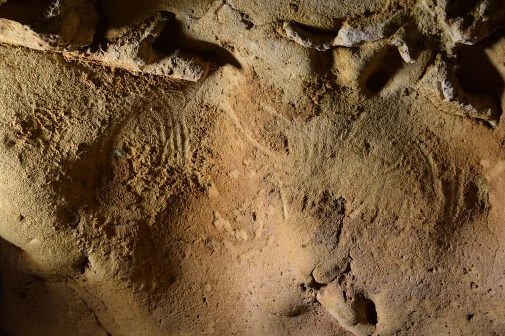 Certains des tracés découverts dans la grotte de La Roche-Cotard. À gauche, le panneau comporte des marques circulaires ; à droite, des tracés ondulés. © Jean-Claude Marquet, CC BY 4.0