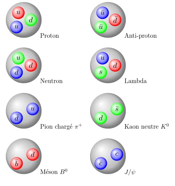 Des exemples de baryons, avec trois quarks, et de mésons, avec une paire quark-antiquark. Ces derniers sont notés avec une barre sur la lettre les désignant. © Fschwarzentruber, Wikipédia, cc by sa 4.0