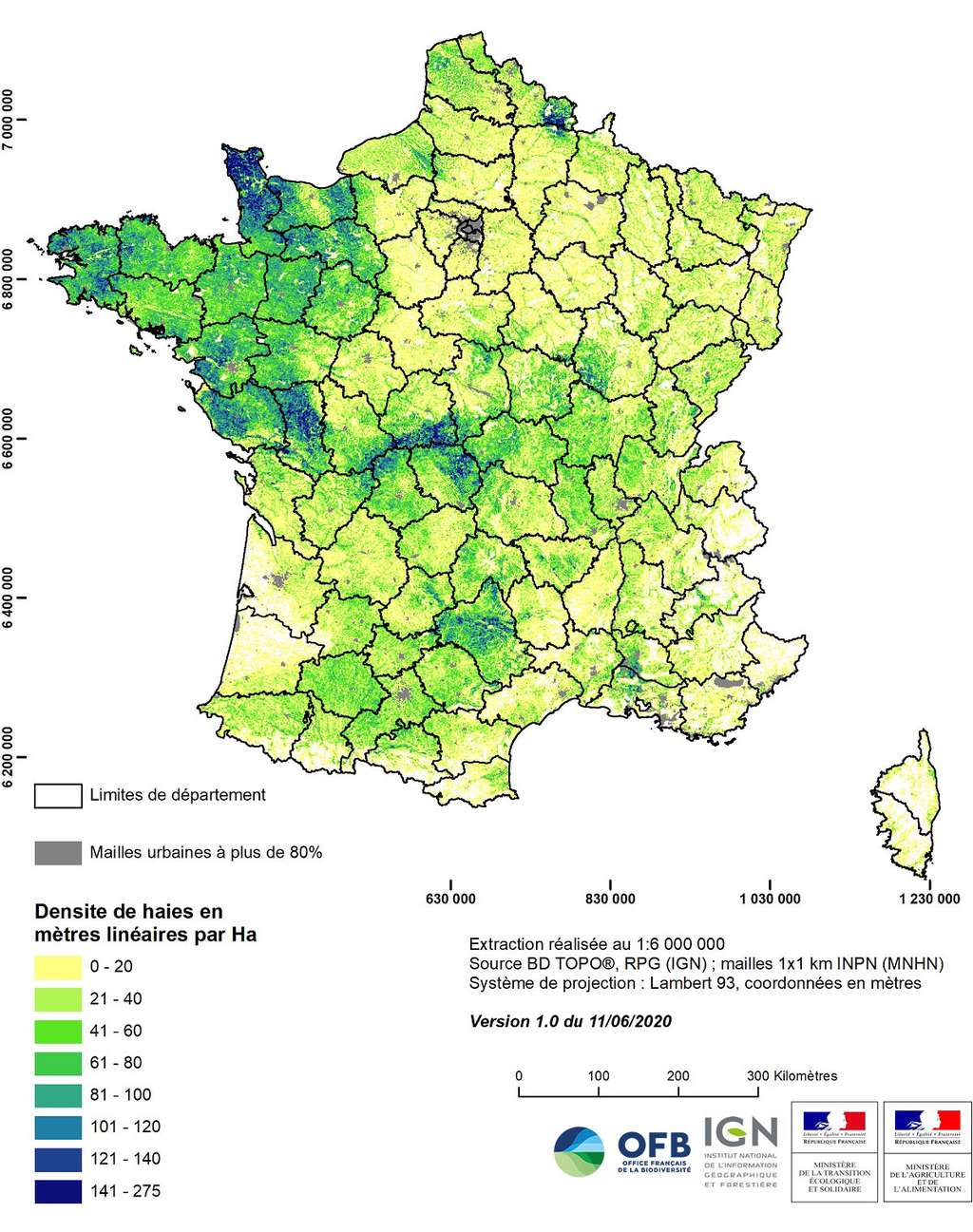 En vert foncé et bleu, les plus grandes densités de haies en France. © Office français de la biodiversité