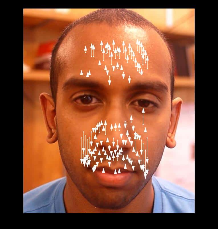 Pour prendre le pouls d’une personne à partir des mouvements de la tête, l’algorithme développé au MIT sélectionne entre 500 et 1.000 points de repère répartis autour de la bouche, du nez et du front. Il évite les yeux, dont le clignement viendrait perturber le signal. © MIT, CSAIL