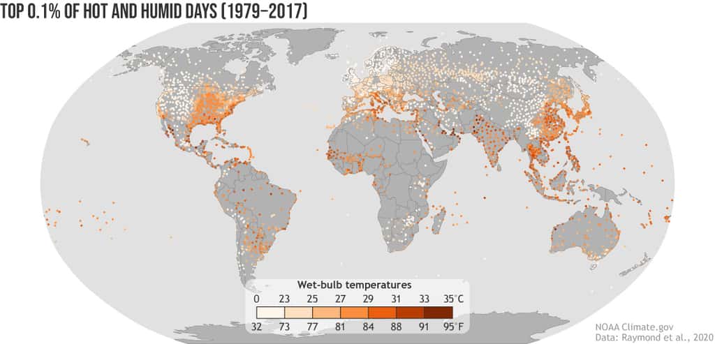 En orange foncé, les zones qui ont connu un indice <em>wet bulb</em> élevé et dangereux entre 1979 et 2017. © Nasa