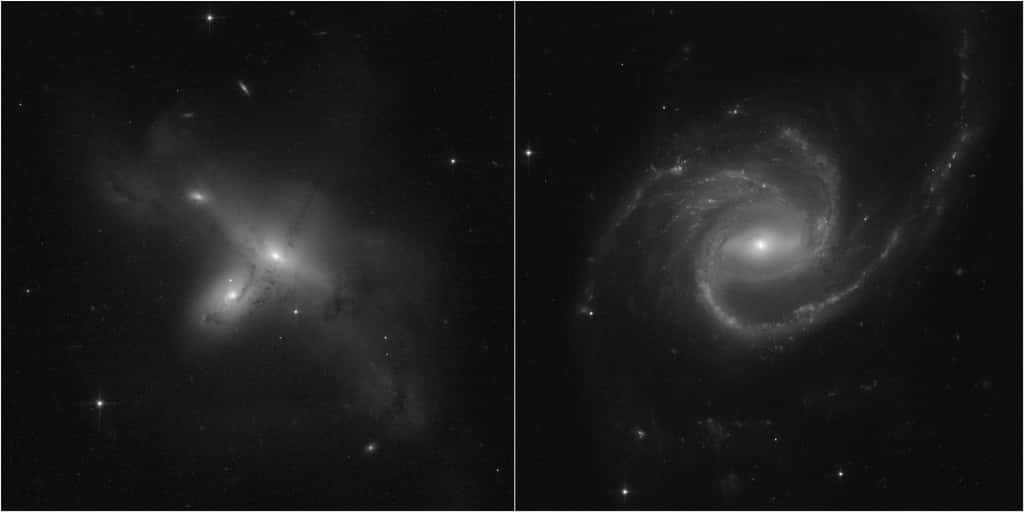 Ces images, issues d'un programme dirigé par Julianne Dalcanton de l'Université de Washington à Seattle, démontrent le retour de Hubble à des opérations scientifiques complètes. À gauche, ARP-MADORE2115-273. À droite, ARP-MADORE0002-503, une grande galaxie spirale avec des bras spiraux étonnants. Alors que la plupart des galaxies à disques ont un nombre pair de bras spiraux, celle-ci en a trois. © Science : Nasa, ESA, STScI, Julianne Dalcanton (UW) Traitement d'images : Alyssa Pagan (STScI)