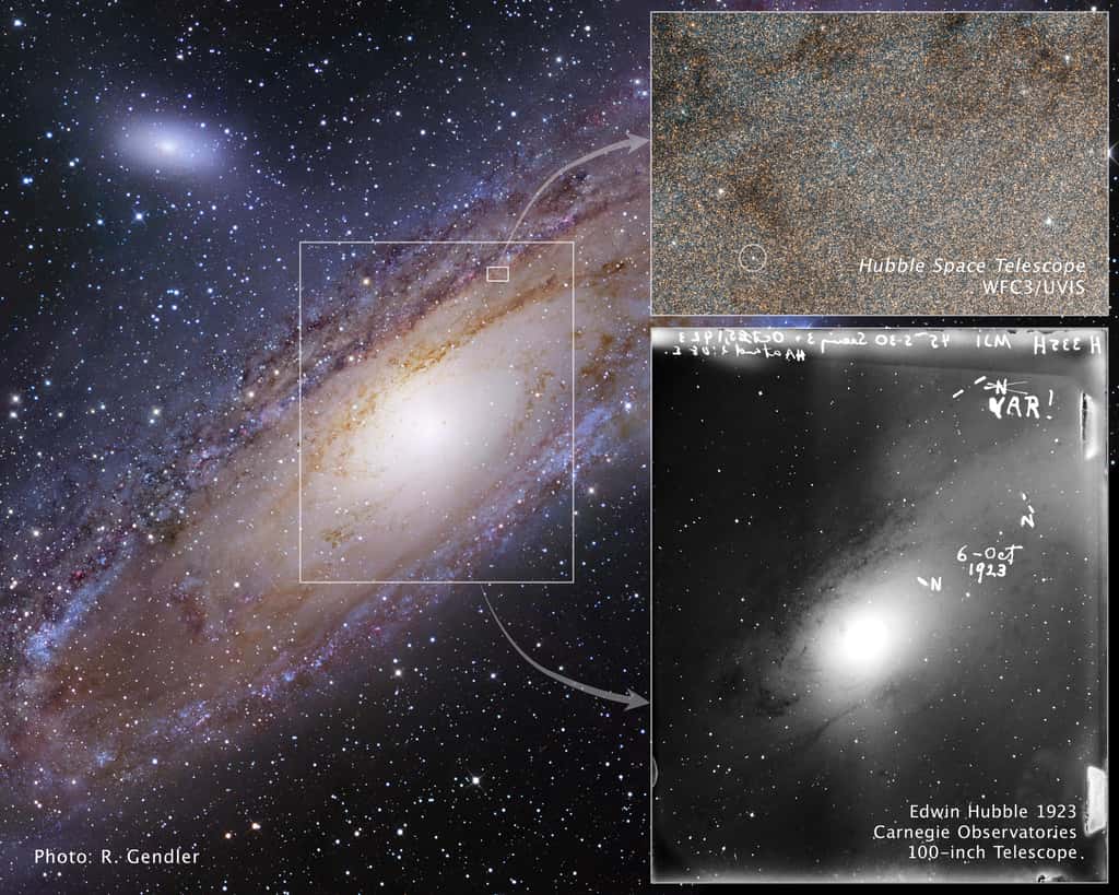 Des vues d'une célèbre étoile palpitante prises à près de 90 ans d'intervalle et un portrait de sa maison galactique sont présentés dans cette collection d'images. Le disque en forme de crêpe composé d'étoiles, de gaz et de poussières qui composent la galaxie d'Andromède, ou M31, est représenté sur l'image de gauche. Andromède est voisine de la Voie lactée et réside à 2 millions d'années-lumière. La petite boîte blanche juste au-dessus du centre présente la vue du télescope spatial Hubble. Une flèche pointe vers l'image de Hubble, prise par la <em>Wide Field Camera 3</em>. L'instantané est recouvert d'étoiles qui ressemblent à des grains de sable. Le cercle blanc, en bas à gauche, identifie la variable numéro un de Hubble, ou V1, l'étoile variable céphéide découverte par l'astronome Edwin Hubble en 1923. La grande boîte blanche au centre délimite la région photographiée par l'astronome Edwin Hubble, qui a utilisé le télescope Hooker, le télescope le plus puissant de cette époque. Une flèche pointe vers une copie en bas à droite de l'image d'Andromède prise par le télescope Hubble, mais réalisée sur une plaque de verre de 4 pouces sur 5 pouces (environ 10 x 13 cm) par Edwin Hubble et datée du 6 octobre 1923. © Nasa, ESA et Z. Levay  et Hubble Heritage Team (STScI/AURA)
