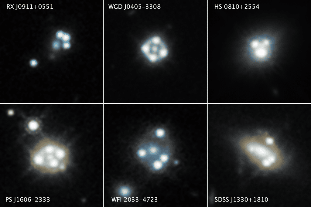Chacun de ces instantanés du télescope spatial Hubble révèle quatre images déformées d'un quasar d'arrière-plan et de sa galaxie hôte entourant le noyau central d'une galaxie massive de premier plan. La gravité de la galaxie massive de premier plan agit comme une loupe en déformant la lumière du quasar dans un effet appelé lentille gravitationnelle. Les images ont été prises entre 2015 et 2018. © Nasa, ESA, A. Nierenberg (JPL) et T. Treu (Ucla)