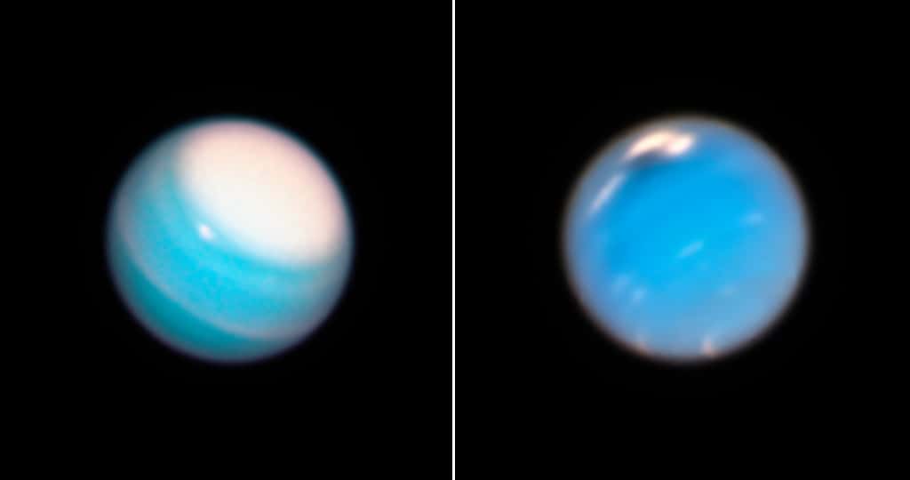 À gauche, une image d'Uranus et, à droite, une image de Neptune, prises toutes deux avec Hubble en 2018. © Nasa, ESA, A. Simon (<em>Nasa Goddard Space Flight Center</em>), and M.H. Wong and A. Hsu (<em>University of California</em>, Berkeley)