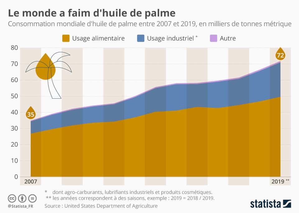 Graphique montrant l’évolution de la consommation mondiale d'huile de palme entre 2007 et 2019, en milliers de tonnes métriques. © Statista
