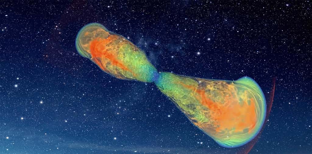 Une simulation sur ordinateur de la formation de cocons entourant des jets de matière produit par une explosion d'hypernova. © Gottlieb/CIERA/Northwestern University