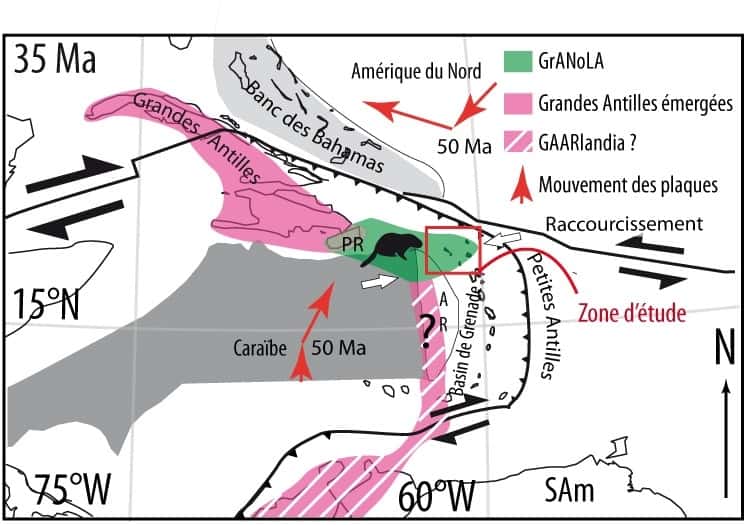Est de la plaque Caraïbe à 35 millions d'années. GrANoLA, en vert, émergé à la faveur d'un épaississement crustal d'origine tectonique, fait la connexion entre les Grandes Antilles et le nord des Petites Antilles.