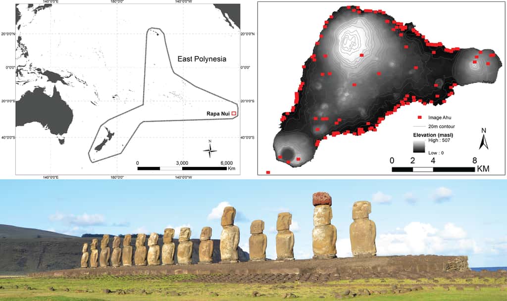 En haut, à gauche, est indiquée la position de l'île de Pâques, ou Rapa Nui, en Polynésie. À droite, les points rouges correspondent aux <em>ahu</em>. Seuls, 93 d'entre eux ont été inclus dans cette étude. En bas, Ahu Tongariki, le plus grand <em>ahu</em> de l'île, surmonté de 15 statues. © Robert DiNapoli <em>et al.</em>, <em>Plos One</em>, 2019