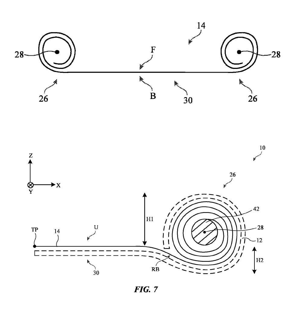 Les dessins qui accompagnent le brevet d’Apple montrent un écran (14) qui s’enroule dans une coque protectrice (12). © Apple