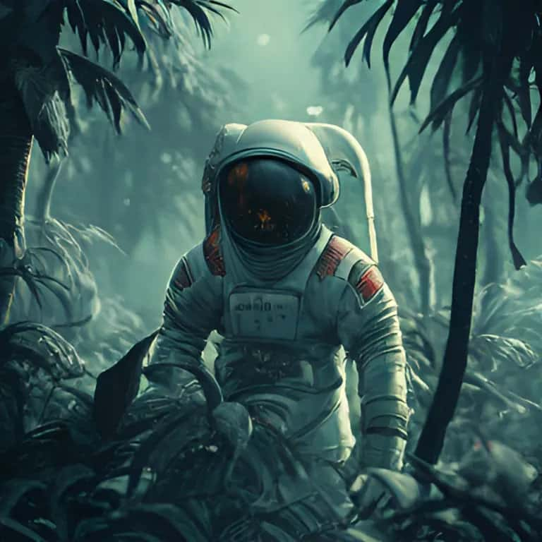 Image générée par Janus Pro avec le prompt suggéré par Hugging Face « <em>Astronaut in a jungle, cold color palette, muted colors, detailed, 8k </em>». © Image générée par DeepSeek Janus-Pro