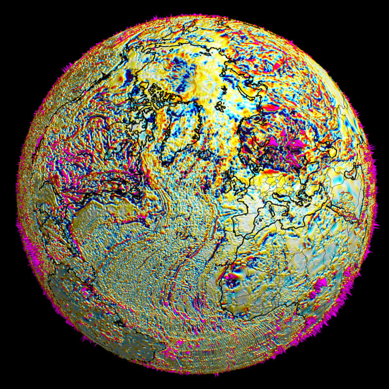 Image planétaire globale de la composante radiale du champ magnétique produit par les roches terrestres (en rouge : champ sortant, en bleu : champ entrant), jusqu’à des échelles de l’ordre de 40 km. © IPGP