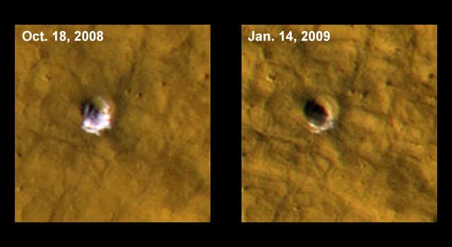  Les images prises par MRO d'un cratère sur Mars qui dévoile de la glace (à gauche) le 18 octobre 2008, puis le 14 janvier 2009. © Nasa, JPL-Caltech