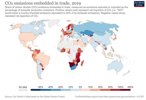 En rouge, les pays les plus importateurs de produits générant du CO<sub>2</sub>. En bleu, les pays les plus exportateurs. © Global Carbon Project