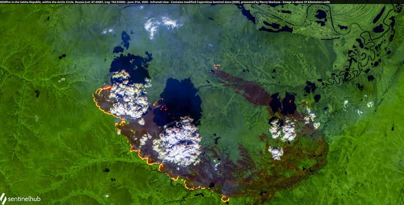 Les incendies au 20 juin 2020 vus de l'espace dans la région de Sakha, dans le cercle arctique. La photo couvre une zone de 37 kilomètres. © Données du satellite Copernicus, réalisation Pierre Markuse