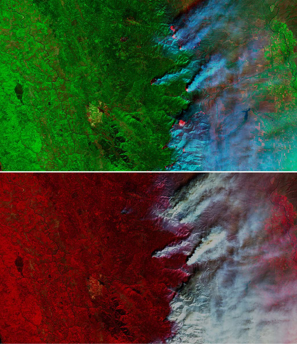 Les incendies au nord de la Californie vus par le satellite Sentinel-2 le 20 août 2020 dans différentes longueurs d'onde. En haut, avec la bande SWIR mettant en évidence les feux actifs et facilitant l’analyse des images malgré la fumée. En bas, avec la bande proche infrarouge permettant de délimiter les zones brûlées. © ESA, Copernicus, Commission européenne