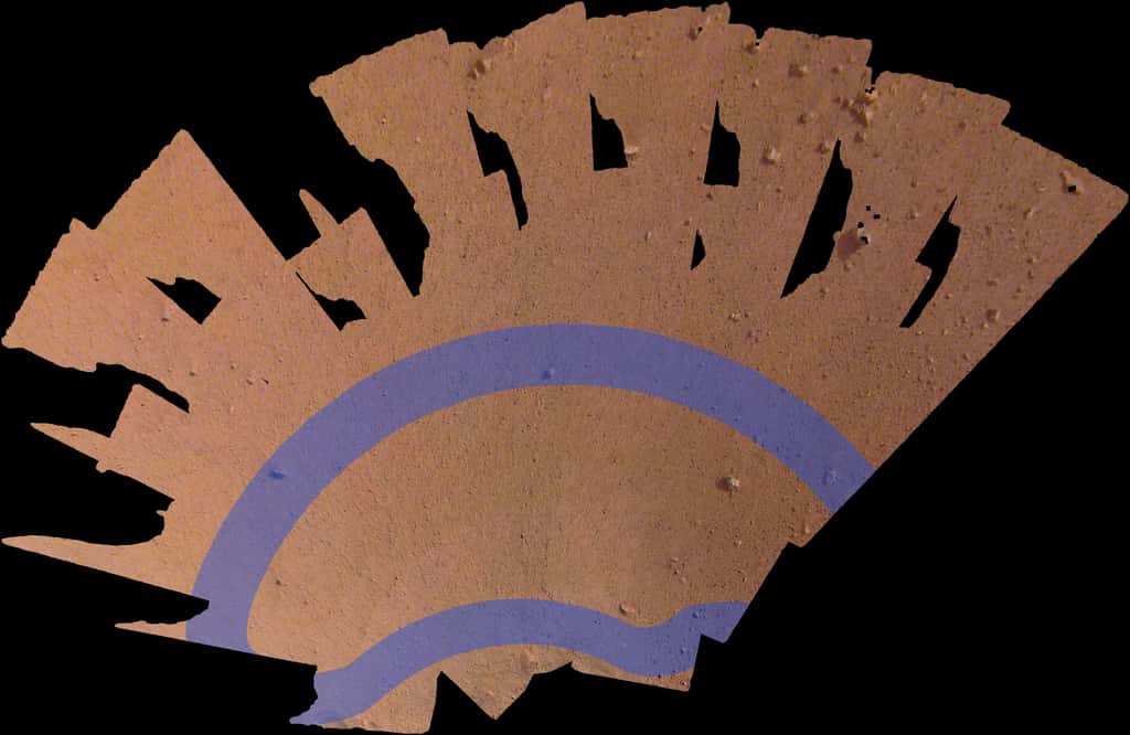 Mosaïque de 52 images montrant l'espace de travail à portée d'InSight. La zone mesure environ 4 m de long sur 2 m de large. Les bandes mauves indiquent les endroits où il pourrait poser son sismomètre SEIS et son capteur de flux de chaleur HP3. © Nasa/JPL-Caltech
