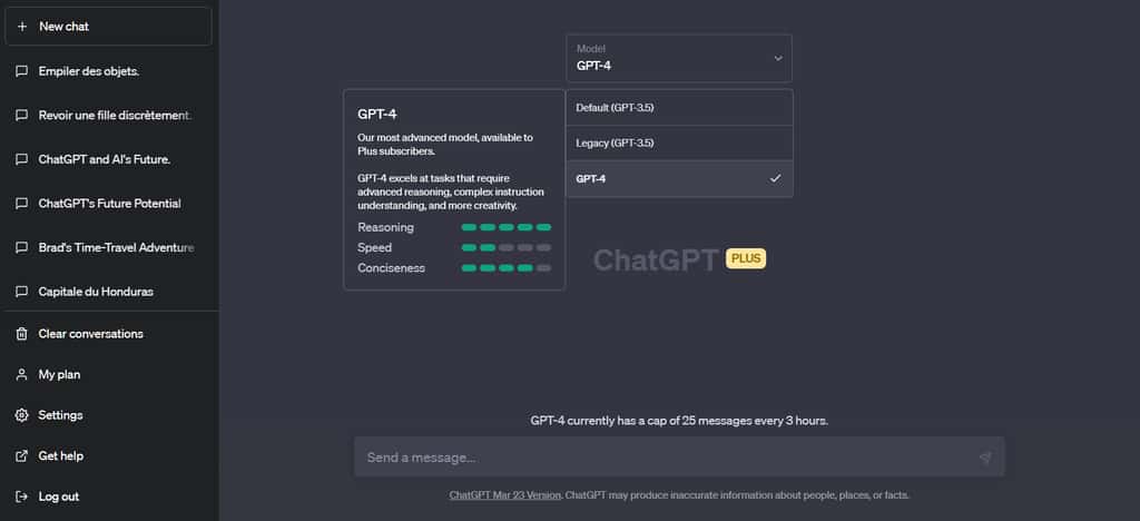 ChatGPT Plus peut s'appuyer sur trois modèles d'IA : deux versions de GPT 3.5 et GPT-4. © OpenAI