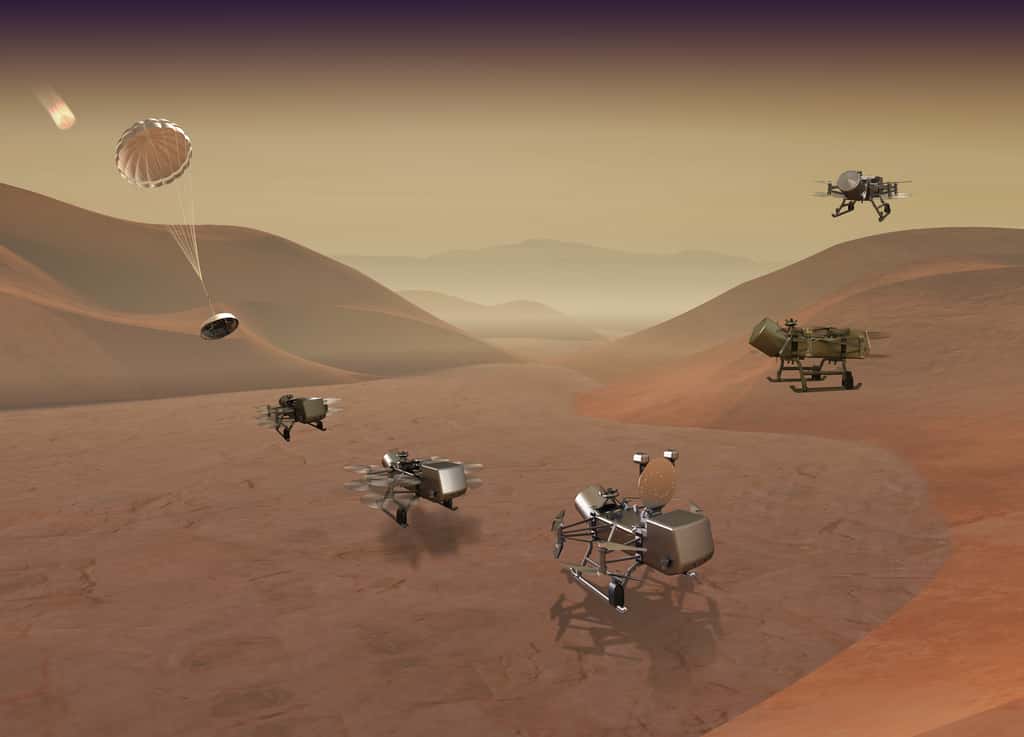 Vue d'artiste du drone Dragonfly. Les véhicules aériens d'exploration robotique ont la cote auprès de la Nasa. Après Ingenuity sur Mars, un drone pourrait voler dans le ciel de Titan. À suivre... © Johns Hopkins (APL)