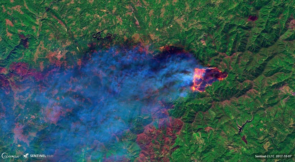 Incendie au Portugal vu par le satellite européen Sentinel-2 le 7 octobre 2017. © Copernicus 2017, ESA, Pierre Markuse
