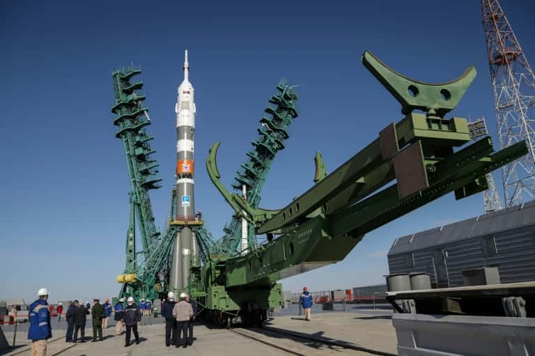 La fusée Soyouz MS-17 avant son décollage à Baïkonour, au Kazakhstan, le 11 octobre 2020. © Handout, <em>Russian Space Agency</em>, Roscosmos, AFP, Archives
