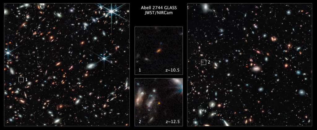 Les candidats les plus solidement établis à ce jour au titre de galaxies primitives observées par le James-Webb montrés avec leurs décalages spectraux vers le rouge estimés, Glass-z10 et Glass-z12. © Nasa, ESA, CSA, T. Treu (Ucla)