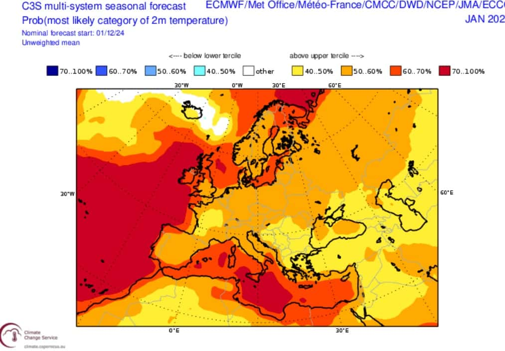 Copernicus prévoit un mois de janvier plus doux que la moyenne en France. © Copernicus