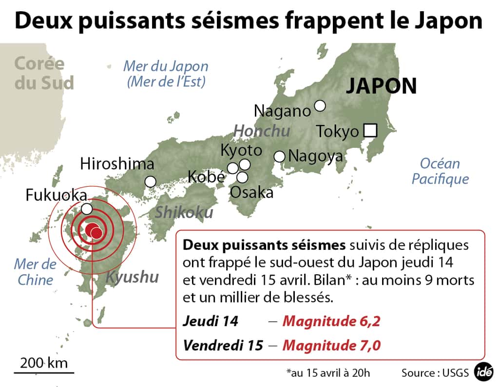 Au sud du Japon, l’île de Kyushu a été frappée deux fois de suite par de puissants séismes. La région se situe sur une petite plaque insérée entre trois autres et subit des contraintes mécaniques internes. © idé
