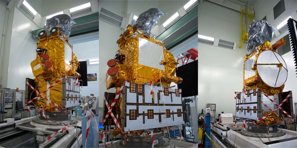 Le satellite Jason 3 entièrement assemblé. La photographie a été prise en avril 2015 dans l'usine cannoise de Thales Alenia Space. À l'époque, son lancement était prévu en juillet 2015 mais l'explosion d'un Falcon 9 un mois plus tôt avait contraint SpaceX à reporter son lancement. © Rémy Decourt