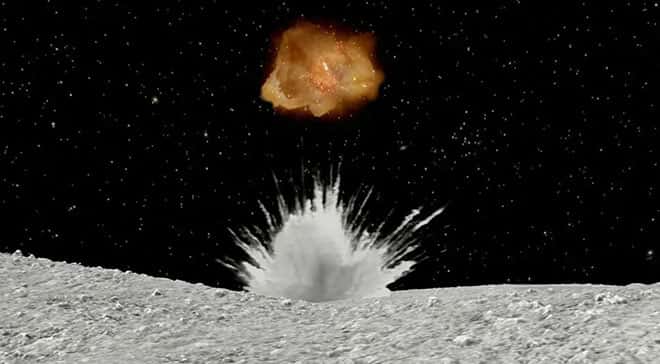 Vue d'artiste du tir de projectile sur la surface de l'astéroïde Ryugu par la sonde japonaise Hayabusa 2. Des charges explosives ont été déclenchées pour le propulser. © <em>Japan Aerospace Exploration Agency</em> (Jaxa)