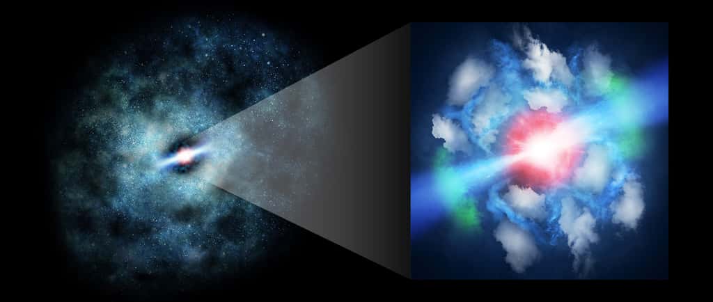 Vue d'artiste de MG J0414 + 0534. Le trou noir supermassif central vient d'émettre de puissants jets qui perturbent le gaz environnant dans la galaxie hôte. © Kindai University
