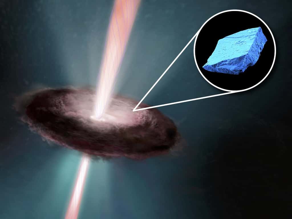 Une vue d'artiste du disque protoplanétaire autour du jeune Soleil dans lequel se condensaient il y a plus de 4,56 milliards d'années des cristaux bleus d'hibonite. © Field Museum, University of Chicago, NASA, ESA, and E. Feild (STScl)