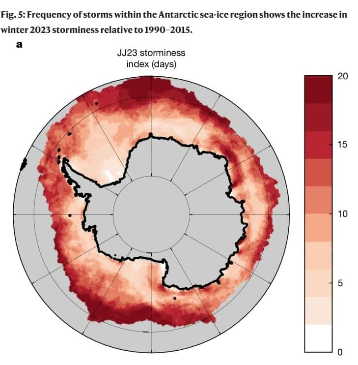 Le nombre de jours de tempêtes en Antarctique lors des mois de juin et juillet 2023. © <em>Nature</em>