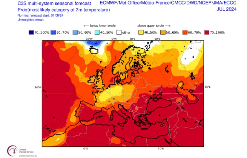 L'évolution des températures prévue pour le reste du mois de juillet : le temps s'annonce plus chaud que la moyenne partout en France, mais sans excès envisagé à Paris pour le moment. © Copernicus